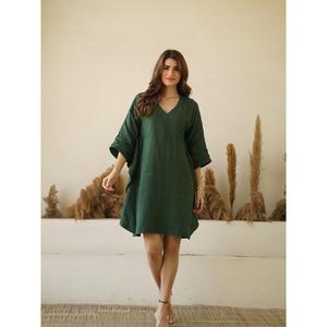 Vestido Mini Boho de Lino y Algodón para Mujer, Verde, Cuello en V, Corte Holgado, Informal, Ligero - Product Image 4