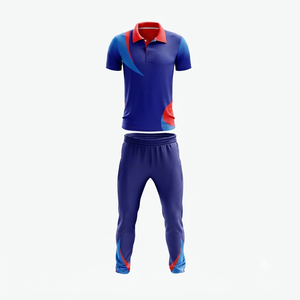 Uniforme de Cricket Personalizado, Popular, Informal, Azul y Rojo, 100% Poliéster y Algodón, Duradero, Ecológico, Camiseta Polo de Manga Corta, Pantalones Deportivos - Product Image 2