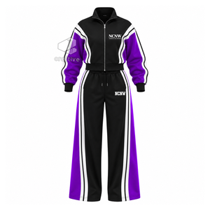 Ensemble de jogging décontracté NCNW Sorority pour femme, veste zippée rayée violette et blanche, pantalon large, survêtement color block - Product Image 1