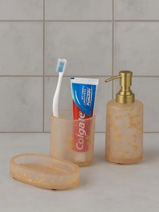 Elegant Resin White Marble Bathroom Accessories Set for Hotel or Home Ceramic Soap Dispenser <b>Toothbrush</b> <b>Holder</b> Tumbler and Tray - Product Image 3