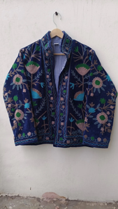 Royal Blue Velvet Suzani Hand-Embroidered Kashmiri Winter Jacket Artisanal Floral Breathable Eco-Friendly Long Sleeve <b>Quilted</b> - Product Image 1