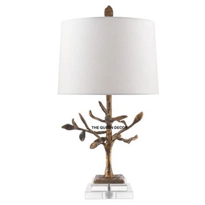 Luxury White Fabric Shade Table Lamp Natural Agate Stone Beaded Golden Metal <b>Leaf</b> Design Decorative Table Lamp - Product Image 6