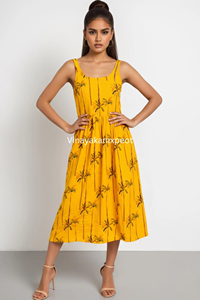 Vestido Largo de Algodón Amarillo Mostaza con Estampado Artesanal de Palmeras, Estilo Boho, Sin Mangas, Moda Veraniega Sostenible - Product Image 2