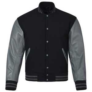 Blouson universitaire noir pour homme avec manches en cuir gris, col montant, fermeture boutonnée, style décontracté, hiver, logo frontal - Product Image 1