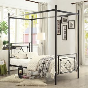Modern Traditional 1pc Twin Platform <b>Canopy</b> <b>Bed</b> Black Finish Metal <b>Frame</b> with Ball Finials - Product Image 4