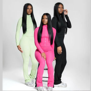 Ensemble de yoga 3 pièces évasé pour femme de haute qualité, veste unie à col rond et manches longues avec fermeture éclair frontale, séchage rapide, en Spandex/Nylon, haut de fitness - Product Image 1