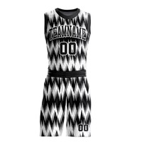 Ensemble de maillots de basket-ball personnalisés noir et blanc à motif zigzag, sublimation, motif flamme, uniforme pour hommes, vêtements de sport respirants pour équipe