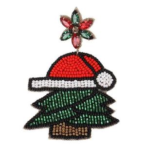 Handmade Beaded <b>Christmas</b> <b>Tree</b> Ornament With Santa Hat And Poinsettia <b>Top</b> Green Red White Gold Decorative Holiday Accessory - Product Image 1