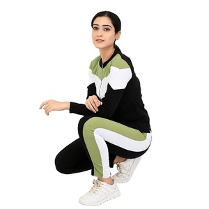 Custom Wholesale Women Colorblock Zip Up Jacket Slim Fit Sweatpants Olive Green Black Breathable Tracksuit Manufacturer - Product Image 1