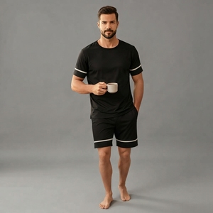 <b>Men's</b> Black 100% Cotton Lightweight Casual <b>Short</b> Sleeve <b>Pajama</b> <b>Set</b> Breathable Plain Dyed <b>Shorts</b> Sleepwear - Product Image 1