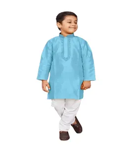 Boy's cotton art silk printed kurta and pyjama set in gold 2-12 year 2023