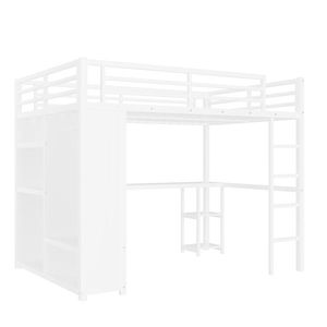 Letto a soppalco matrimoniale in metallo bianco con armadio integrato, scrivania e mensole portaoggetti - Struttura in acciaio stabile e resistente - Product Image 2