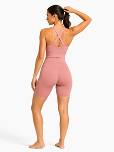 Ensemble de yoga personnalisé 2 pièces : Crop top dos nageur à col ras du cou et short cycliste taille haute, sans couture, séchage rapide, respirant, vêtements de sport - Product Image 3
