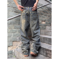 Jean en denim ample rétro pour homme, coupe droite, style streetwear vintage, noir, décontracté, tissé, délavé, léger, hiver automne