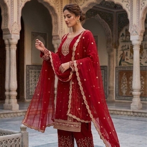 Conjunto de Traje de Georgette con Piel Sintética de Zorro de Diseño Exclusivo y Dupatta a Juego - Hermoso Atuendo Étnico para Fiestas para Mujer - Product Image 1