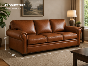 Classic Mid Century Modern 3 Seater Genuine Leather <b>Sofa</b> Rolled Arm Design with Nailhead Trim Wrinkle-Free Look for Living Rooms - Product Image 3