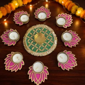 Juego de Portavelas de Loto Rosa Hechos a Mano con Centro Verde Rangoli para Diwali, Pooja, Bodas y Decoración Festiva del Hogar - Product Image 1