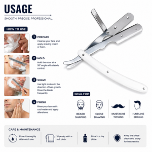 Rasoir droit professionnel en acier inoxydable avec manche en plastique blanc pour le visage, le bikini, le corps, la barbierie, homme, réutilisable, lame unique - Product Image 6