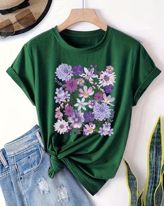 Women's Floral Heart Print 100% Cotton Short Sleeve Crew Neck T-Shirt Casual Spring Summer Wear Breathable Loose Fit - Product Image 2