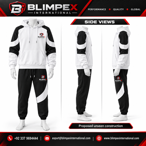 Conjunto Deportivo Personalizado para Hombre, Sudadera con Capucha y Pantalones Jogger en Bloques de Color Blanco y Negro, Paneles Curvos, Logotipo Personalizado, Marca Privada - Product Image 4