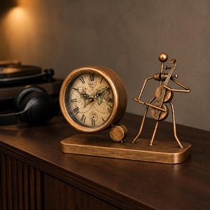 Horloge de bureau en laiton, mouvement mécanique, design circulaire, silencieuse, sans tic-tac, sonnerie horaire, style rustique - Product Image 2