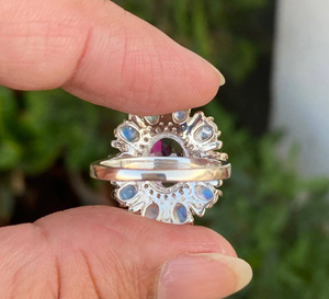 Bague de fiançailles en améthyste, argent sterling, halo de pierre de lune, design floral, bijou pierre de naissance de février - Product Image 2