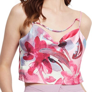 Womens Floral Print Cowl Neck Crop <b>Top</b> <b>Cutout</b> <b>Front</b> Spaghetti Strap Pink Camisole Apparel Manufacturer - Product Image 1