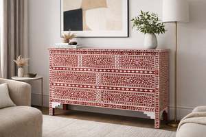 Mueble de Almacenamiento de Lujo Hecho a Mano con Incrustaciones Florales Rojas y Blancas de Madreperla, Muebles de Madera Hechos a Mano al por Mayor - Product Image 6