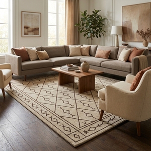 Tapis géométrique moderne en laine/coton, rectangulaire, ivoire et marron, à poils moyens, tufté, avec envers antidérapant en latex, résistant aux taches, pour salon - Product Image 4