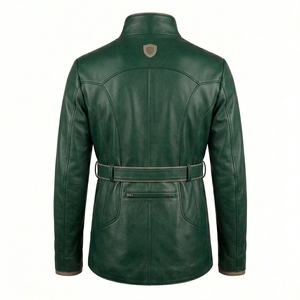 Wholesale Factory Men Emerald Green Genuine Leather Belted Wrap Jacket Darkry Custom Safari <b>Trench</b> Coat Outerwear - Product Image 2