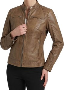 Women's Genuine Leather Motorcycle Jacket Brown Stand Collar <b>Zipper</b> Closure Full Sleeve Biker Style Autumn Wear - Product Image 2