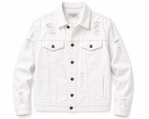 KP INTERNATIONAL <b>Men's</b> <b>White</b> Denim <b>Jacket</b> Regular Fit Frayed Distressed Turn-down Collar Casual Spring Style - Product Image 1