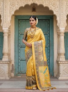 Sari de mariage traditionnel en soie Dola pour femme avec motif jacquard royal, impression numérique et éléments héritages - Product Image 1