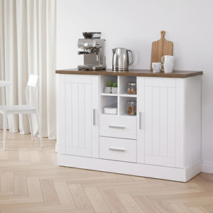 Buffet de cuisine moderne de style américain, écologique, à profil bas, K410L, en chêne blanc et noyer, avec plateau en mélaminé sur panneaux de particules - Product Image 1