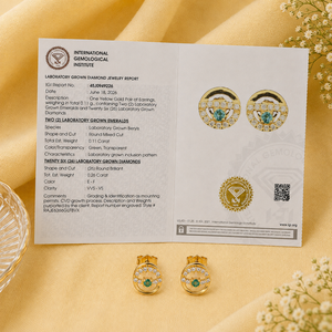 Pendientes de Oro Amarillo Sólido de 14 Quilates con Diamante Cultivado en Laboratorio y Esmeralda Colombiana Certificados por IGI para Mujer, Joyería de Corte Brillante Redondo - Product Image 6