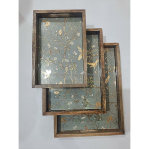 Ensemble de plateaux de service en bois de manguier faits à la main, décoratifs, avec motifs floraux bleus et art émaillé Mughal, avec poignées, pour décoration intérieure classique - Product Image 3