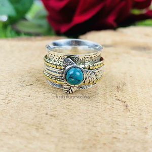 Bague rotative unisexe en argent sterling 925 avec turquoise, motif cœur classique, anti-stress, méditation, sertie clos, pour mariage et fête - Product Image 1