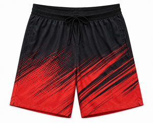 Shorts de sport écologiques pour hommes, imprimés par sublimation, séchage rapide, rouge et noir, taille à cordon, logo personnalisé, pêche, surf, tendance - Product Image 3