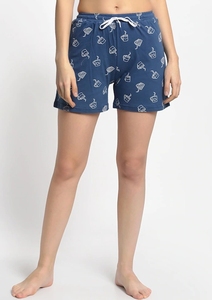 Women's Printed Navy Blue Shorts With Coffee Cup Pattern <b>Elastic</b> Waist Knitted Cotton Casual Regular Fit - Product Image 1