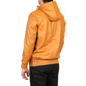 Men's Tan Genuine Leather Hooded Quarter-Zip Jacket Casual Slim Fit Autumn Wear - Product Image 3