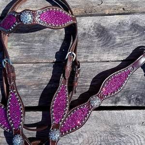Printed colour Alligator Inlay With Rhine Stone Western Leather Headstall and Breast Collar Tack Set for the Horse - Product Image 4