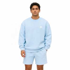 เสื้อสเวตเชิ้ตคอกลมและกางเกงขาสั้นผู้ชาย OEM สไตล์มินิมอลสตรีทแวร์ เสื้อฮู้ดดี้โอเวอร์ไซส์ผ้าฟลีซพร้อมโลโก้ด้านหน้า ชุดลำลอง - Product Image 1
