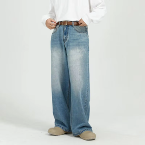 Pantalones Vaqueros de Mezclilla Azul Lavado de Estilo Vintage para Hombre, a la Moda, de Pierna Ancha y Cintura Baja, para Uso Casual, Venta al Por Mayor de Fábrica - Product Image 3