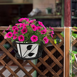 Decorative Black Iron Flower Pot Basket with Leaf Embellishment Balcony <b>Railing</b> Mount Garden Plant Holder for Outdoor Patio Home - Product Image 3
