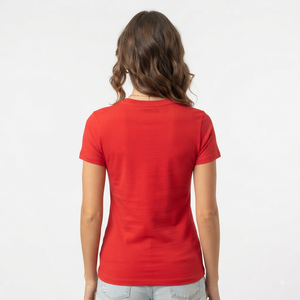 T-shirt rouge à col rond pour femme, manches courtes, coupe ajustée, 100 % coton jersey tricoté, décontracté, imprimé lettres, logo Hawk Eye, printemps-été - Product Image 3