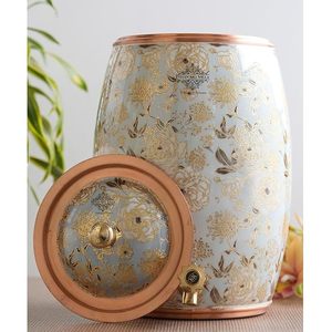 Réservoir d'eau en cuivre de qualité supérieure Meena Work avec robinet en laiton |   Distributeur de liquide en cuivre Matka à motif floral traditionnel - Product Image 1