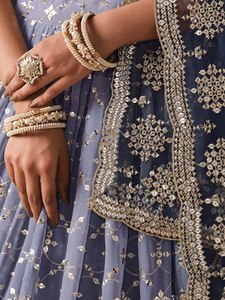 Blue Organza Embroidered <b>Lehenga</b> With Crop Top And Dupatta For Bridesmaid - Product Image 4