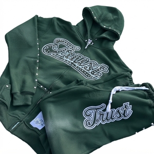 Trust Embroidered <b>Hoodie</b> Set Green Unisex Casual Tracksuit Full <b>Zip</b> Sweatshirt With <b>Pockets</b> Autumn Wear - Product Image 1