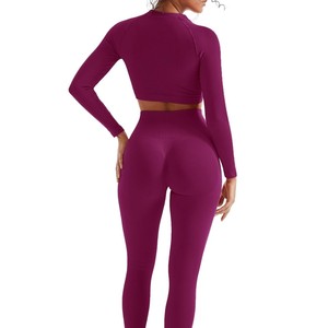 Ensemble de yoga 2 pièces côtelé rose taille mi-haute, respirant, écologique, sans couture, en Spandex/Nylon, avec crop top sans manches et leggings longs - Product Image 4