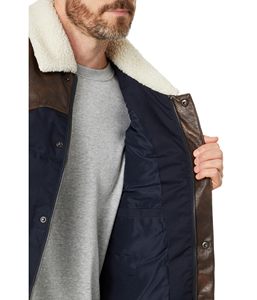 Men's Blue Puffer <b>Vest</b> With <b>Brown</b> Leather Panels And Shearling Collar Button Closure Casual Winter Outerwear - Product Image 4